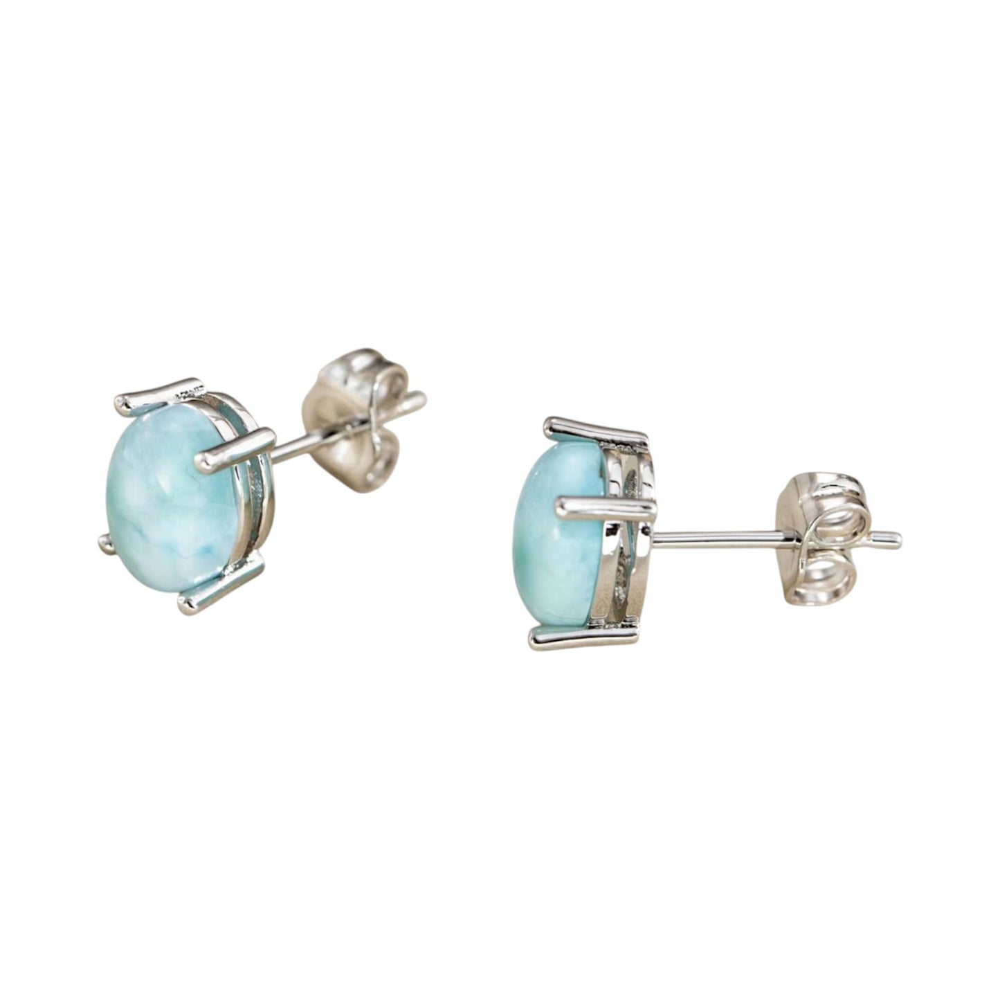 Oval Dominican Larimar Stud Earrings Handmade 925 Sterling Silver Prong Setting Natural Gemstone Jewelry
