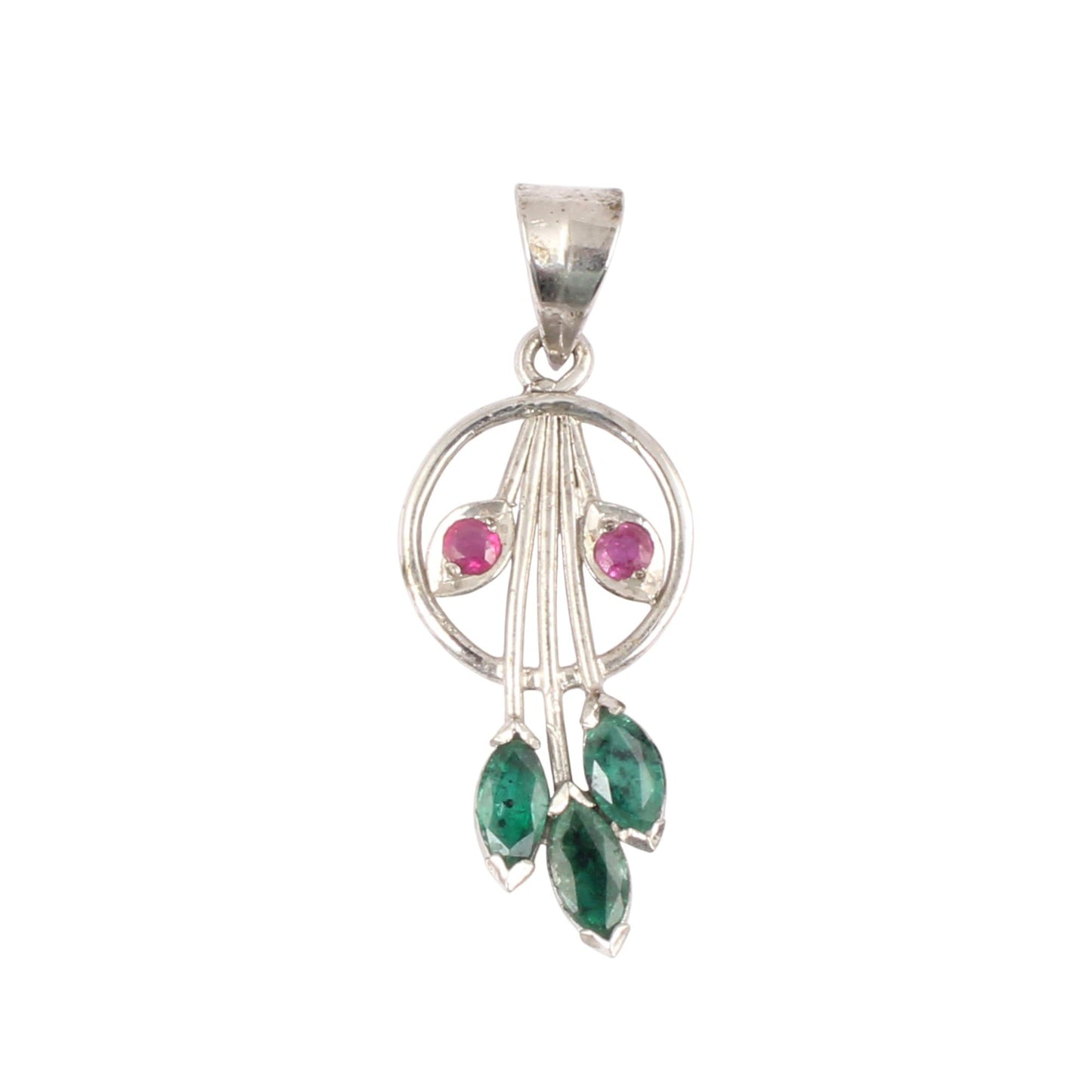 Dangle Ruby & Emerald Leaf Pendant Handmade 925 Sterling Silver Natural Semiprecious Gemstone Pendant