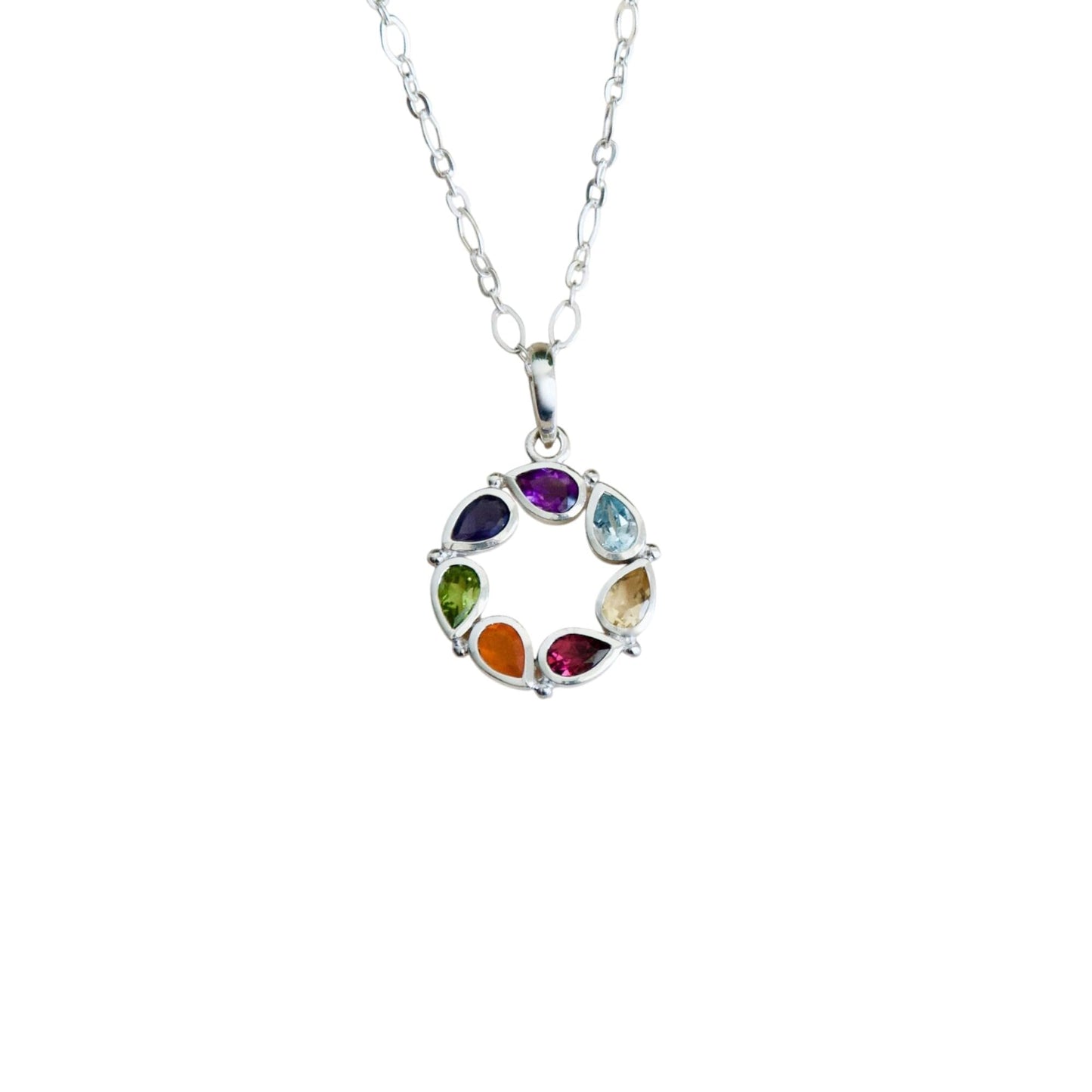 Small Chakra Pendant Natural 7 Gemstone Chakra Healing Spiritual Talisman Yoga Jewelry 925 Sterling Silver Rainbow Reiki Gift