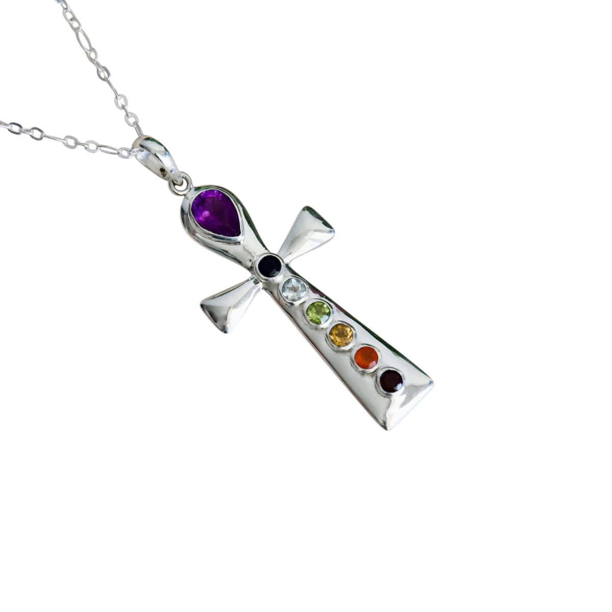 Cross Chakra Pendant Natural 7 Gemstones Unique Christ Spiritual Healing Yoga Jewelry 925 Sterling Silver Rainbow Cross Pendant