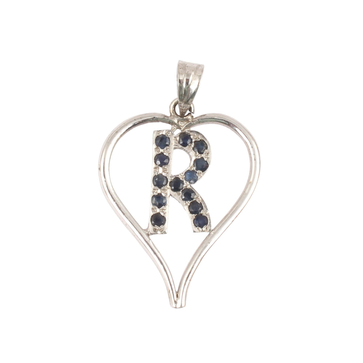 925 Sterling Silver Initial Letter R with Blue Sapphire Studded Natural Gemstone Heart Shape Charm Pendant