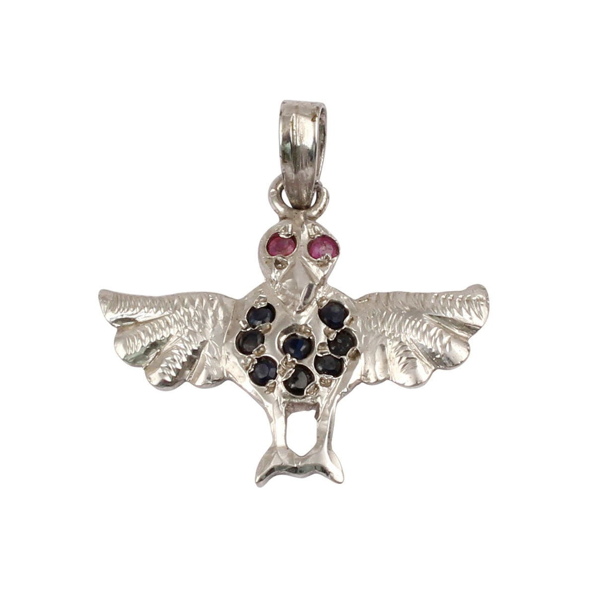 Ruby Eye Flying Bird Pendant with Blue Sapphire Handmade 925 Sterling Silver Natural Gemstone Pendant