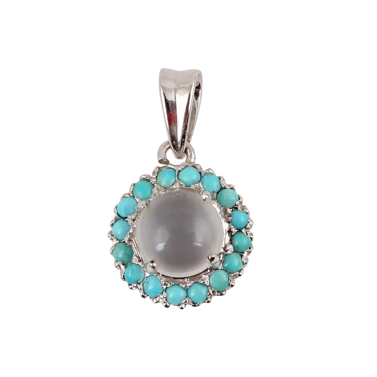 Natural Cats Eye Pendant Surrounded with Turquoise Handmade Prong Setting 925 Sterling Silver Jewelry