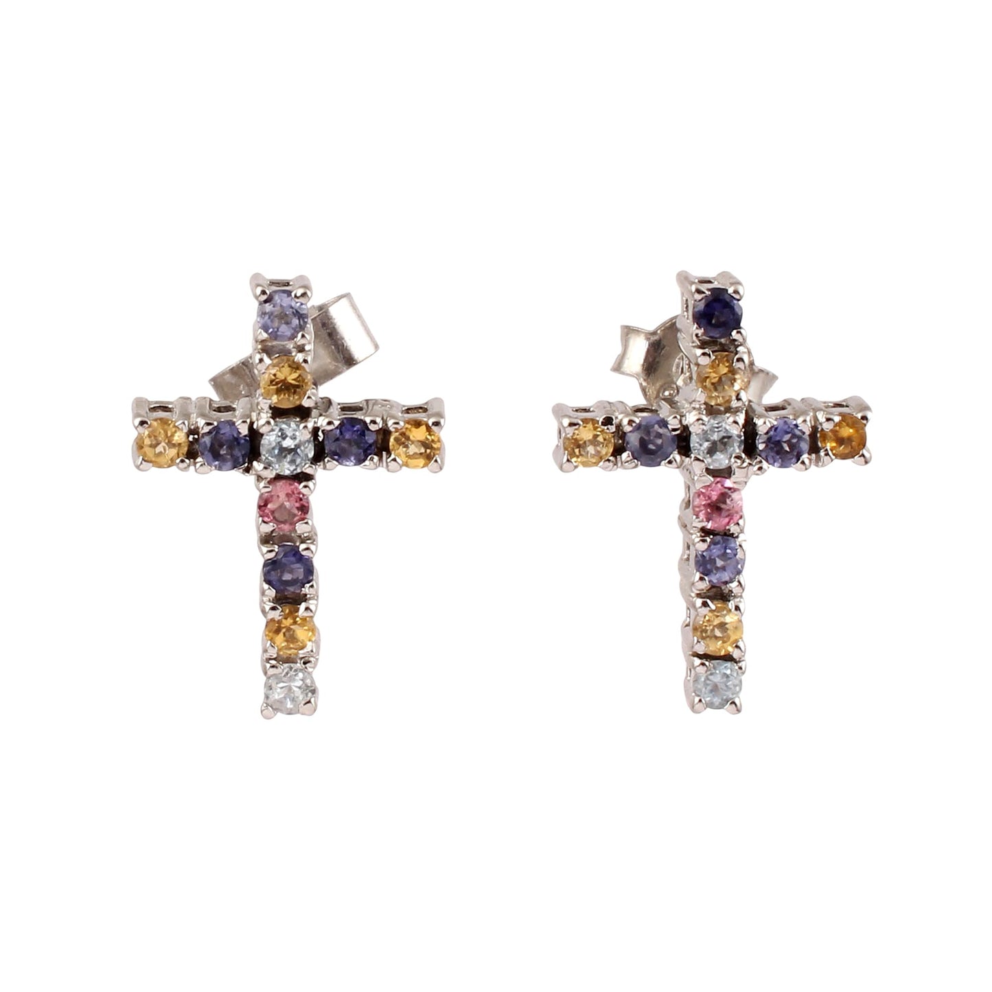 Multi Birthstone Cross Stud Earrings Handmade Prong Setting 925 Sterling Silver Stud Post Earrings Jewelry