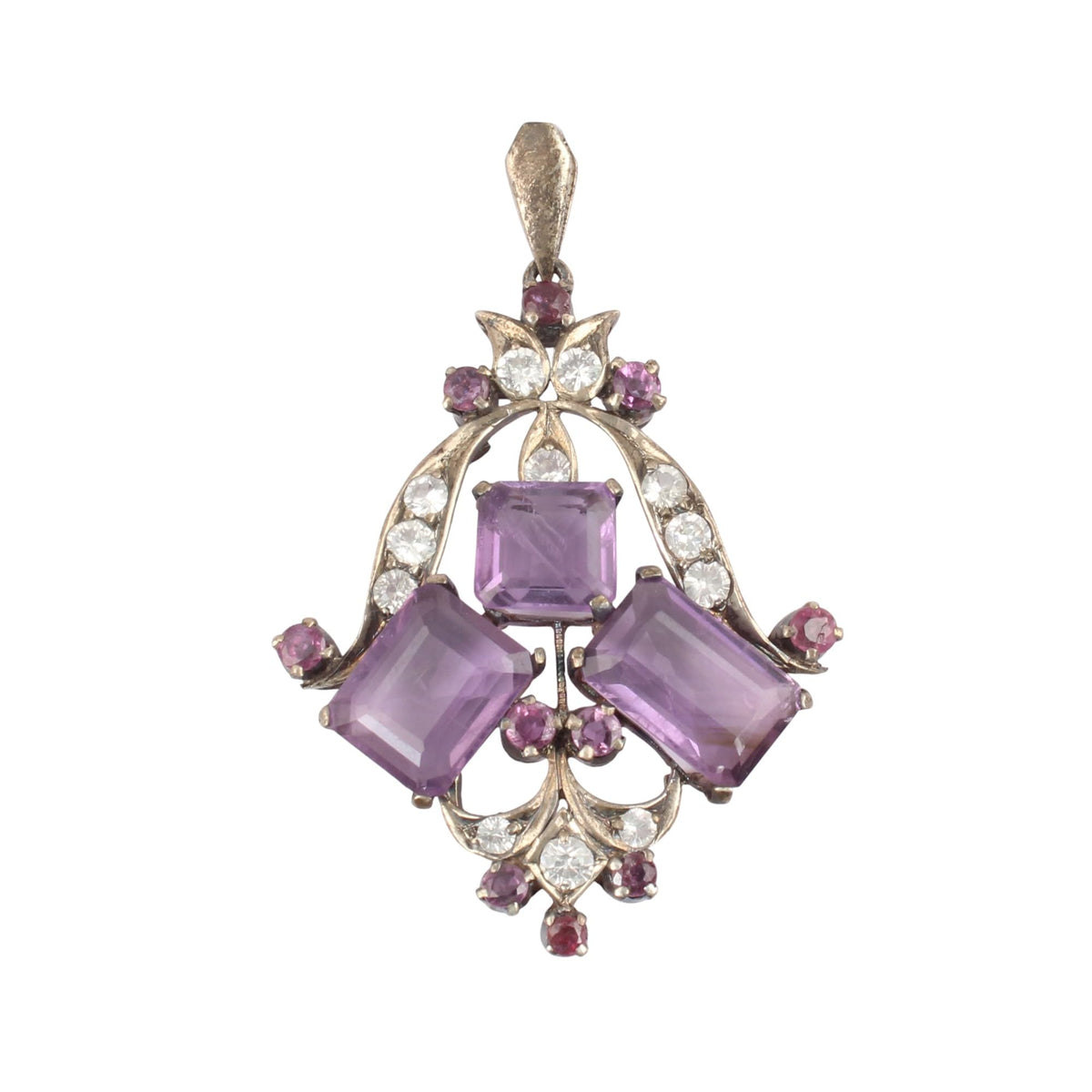 Amethyst Pendant with Ruby & White Topaz Studded Handmade Prong Setting 925 Sterling Silver Pendant