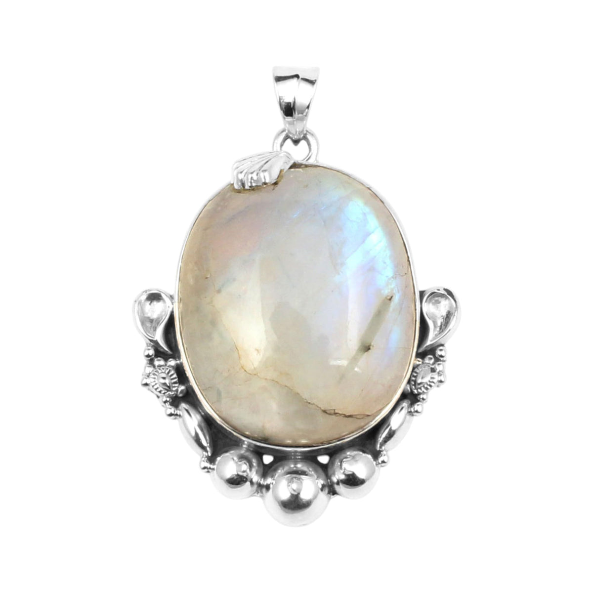 Natural Rainbow Moonstone Pendant Designer 925 Sterling Silver Handmade Oval Cabochon Pendant