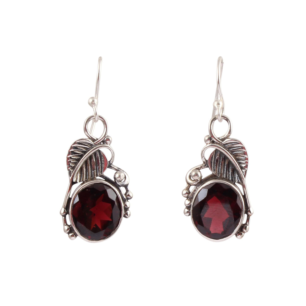 Garnet Earrings with Leaf Charm Handmade Natural Gemstone 925 Sterling Silver Dangle Earrings