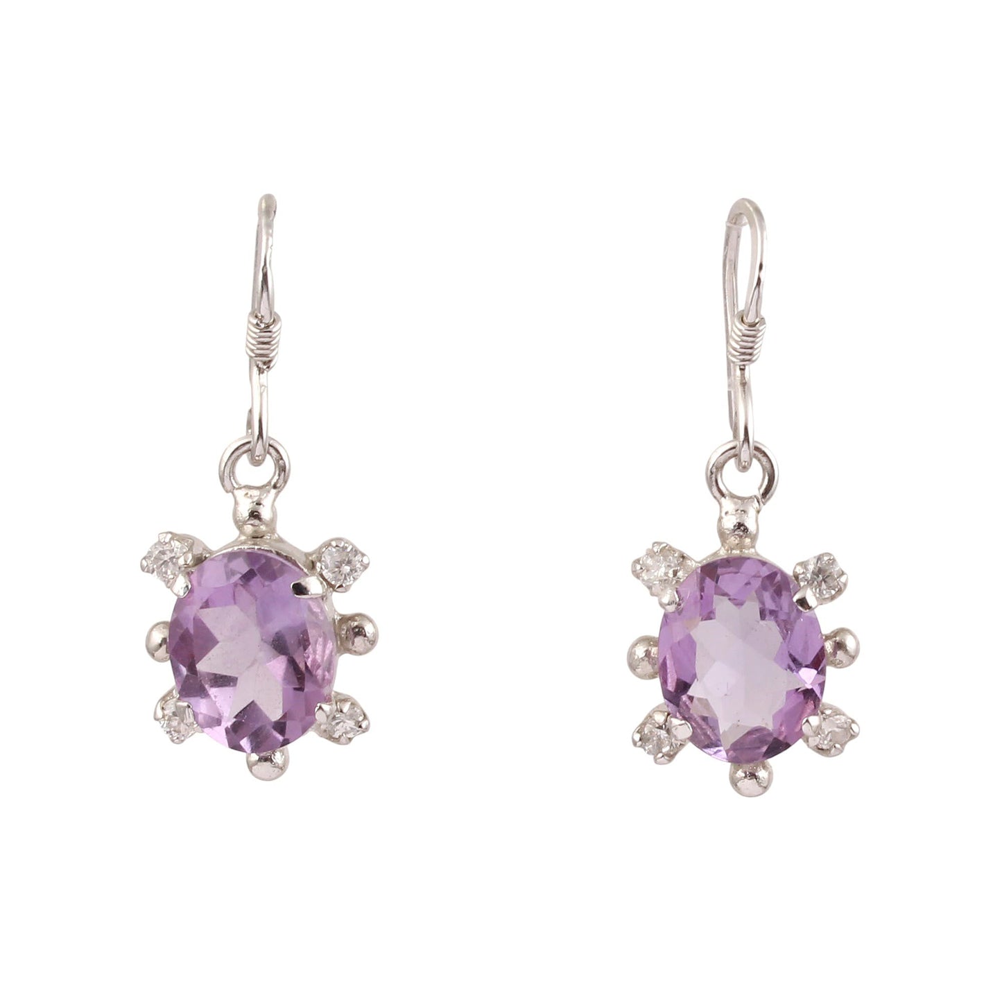 Natural Oval Faceted Amethyst Earrings CZ Studded Handmade 925 Sterling Silver Dangle Earrings Jewelry