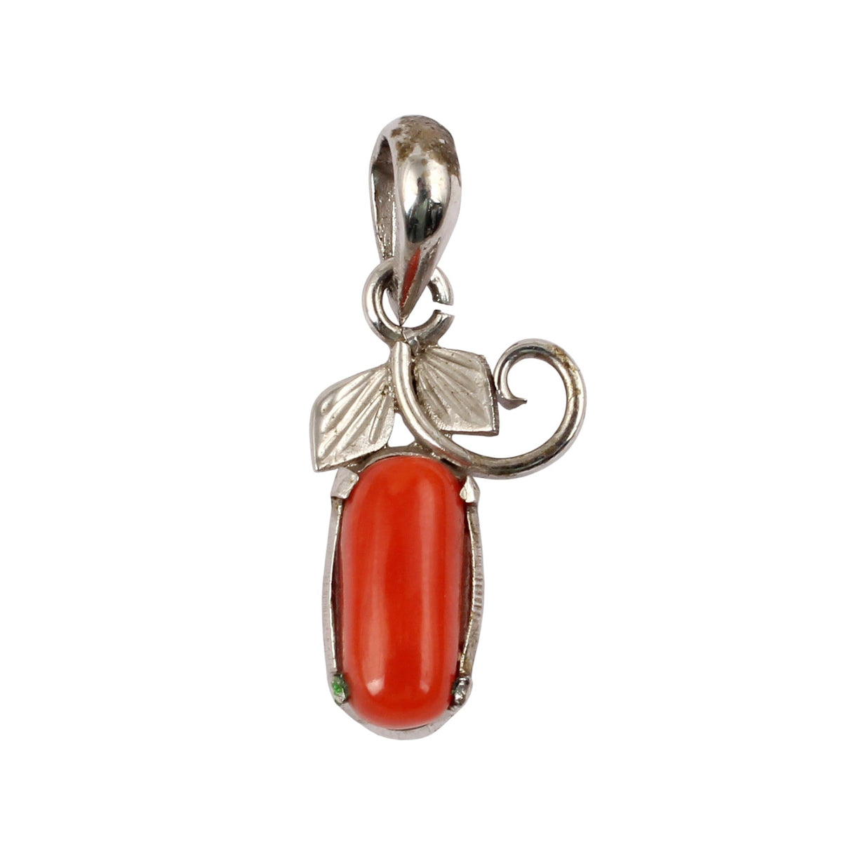 Red Coral Pendant with Leaf Charm Handmade 925 Sterling Silver Prong Setting Natural Coral Pendant