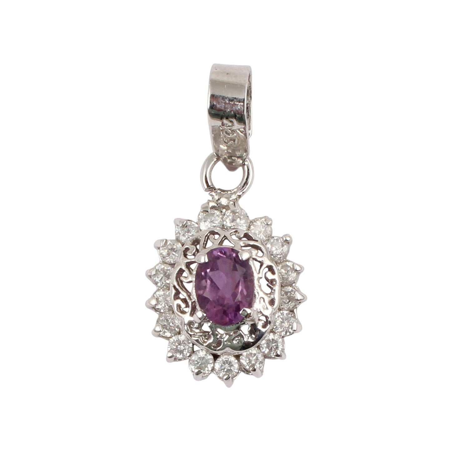 Natural Amethyst Pendant with CZ Studded Unique Artisan Handmade 925 Sterling Silver Prong Setting Pendant