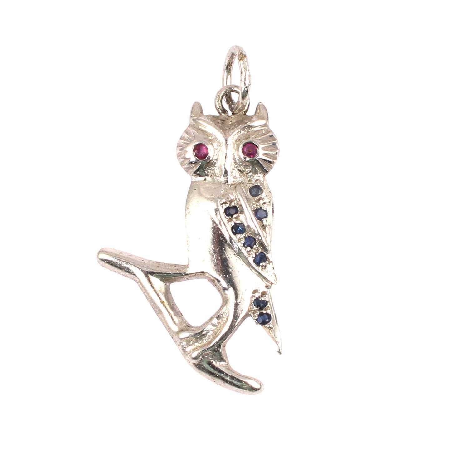 Silver Owl Charm Pendant Sapphire or Ruby Eyes Vintage Inspired Handmade 925 Sterling Silver Pendant