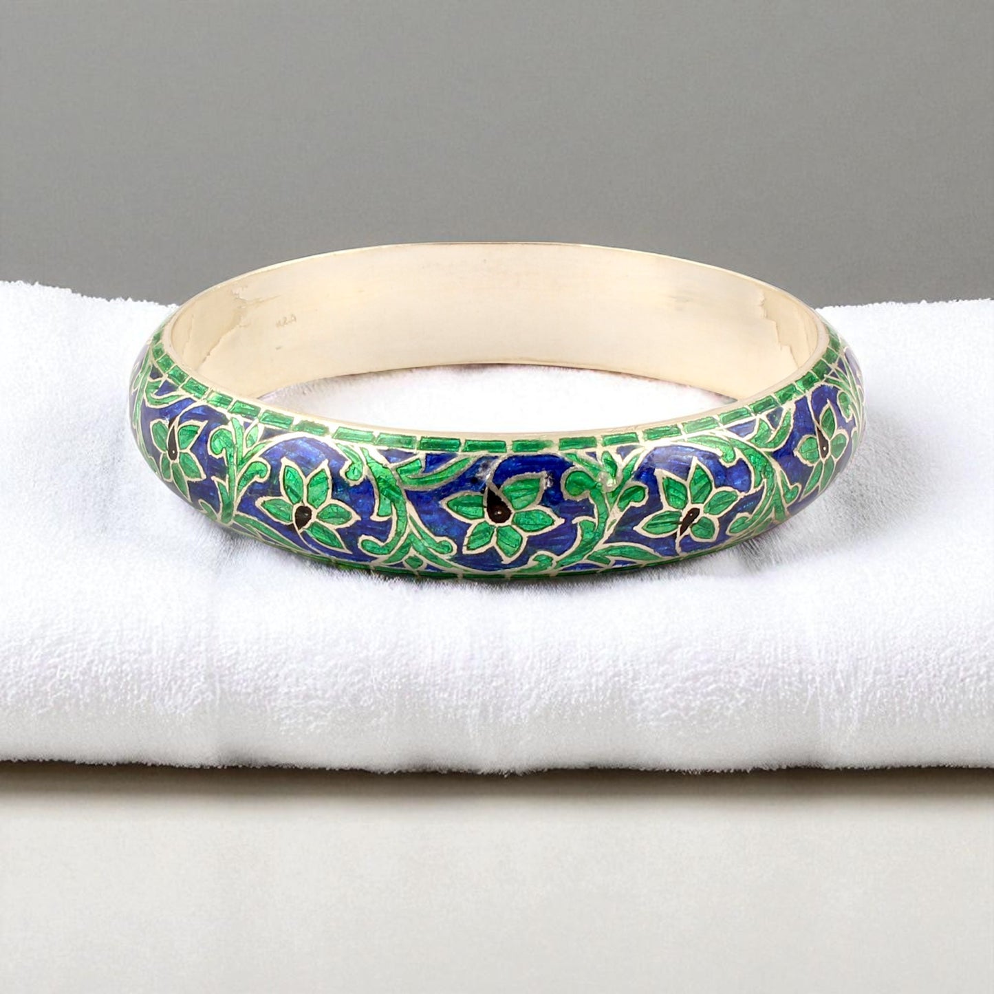 Floral Enamel Bangle Handmade Traditional Bracelet in 925 Sterling Silver