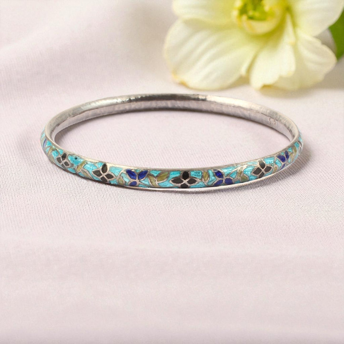 Designer Leaf Bangle Enamel Meenakari Handmade 925 Sterling Silver Flower Pattern Bangle