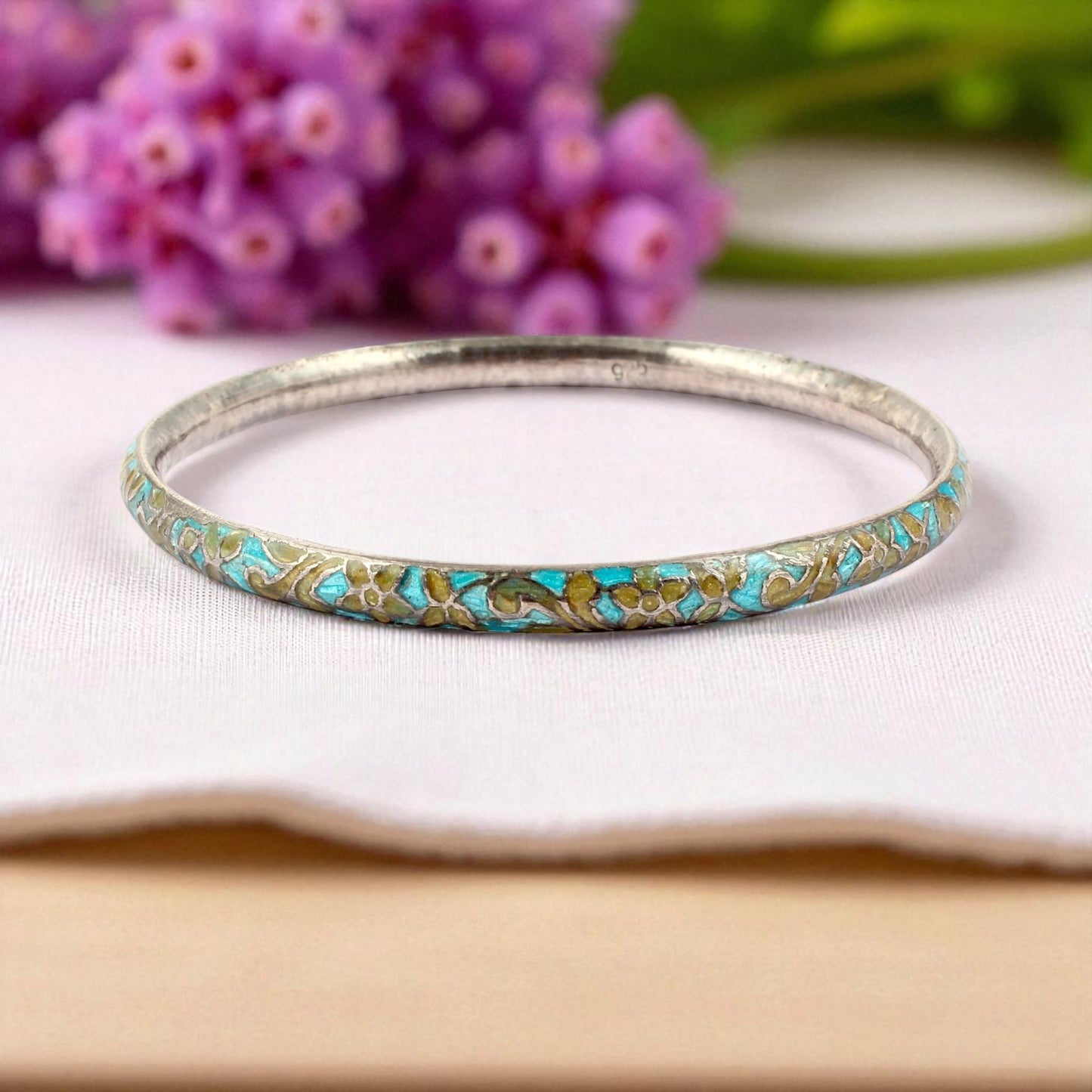 Vintage Enamel Bangle Handmade 925 Sterling Silver Designer Jewelry