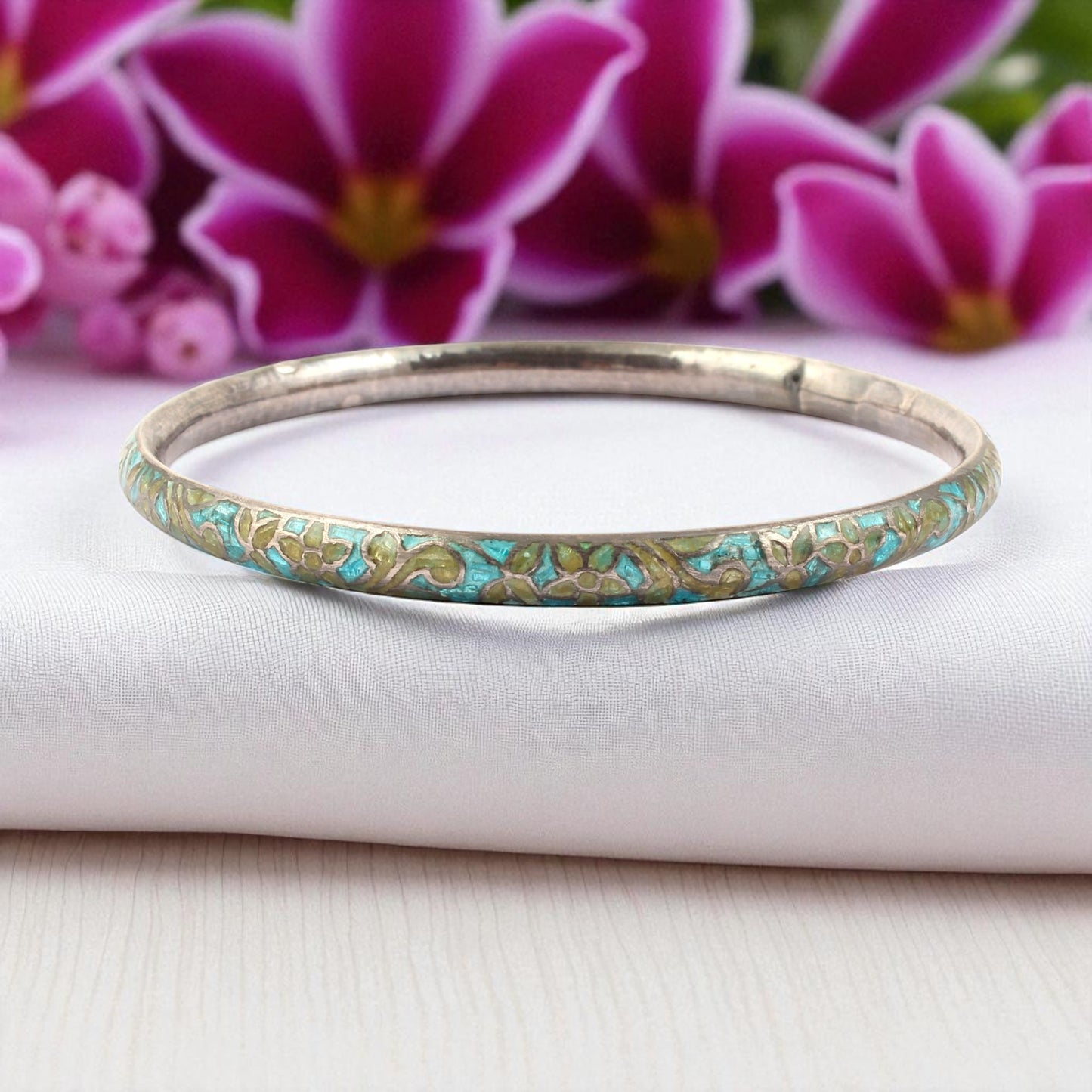 Floral Enamel Bangle Handmade 925 Sterling Silver Designer Jewelry