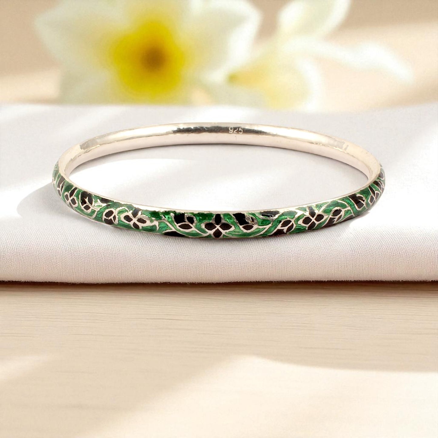 Floral Enamel Bangle Handmade 925 Sterling Silver Unique Artisan Jewelry