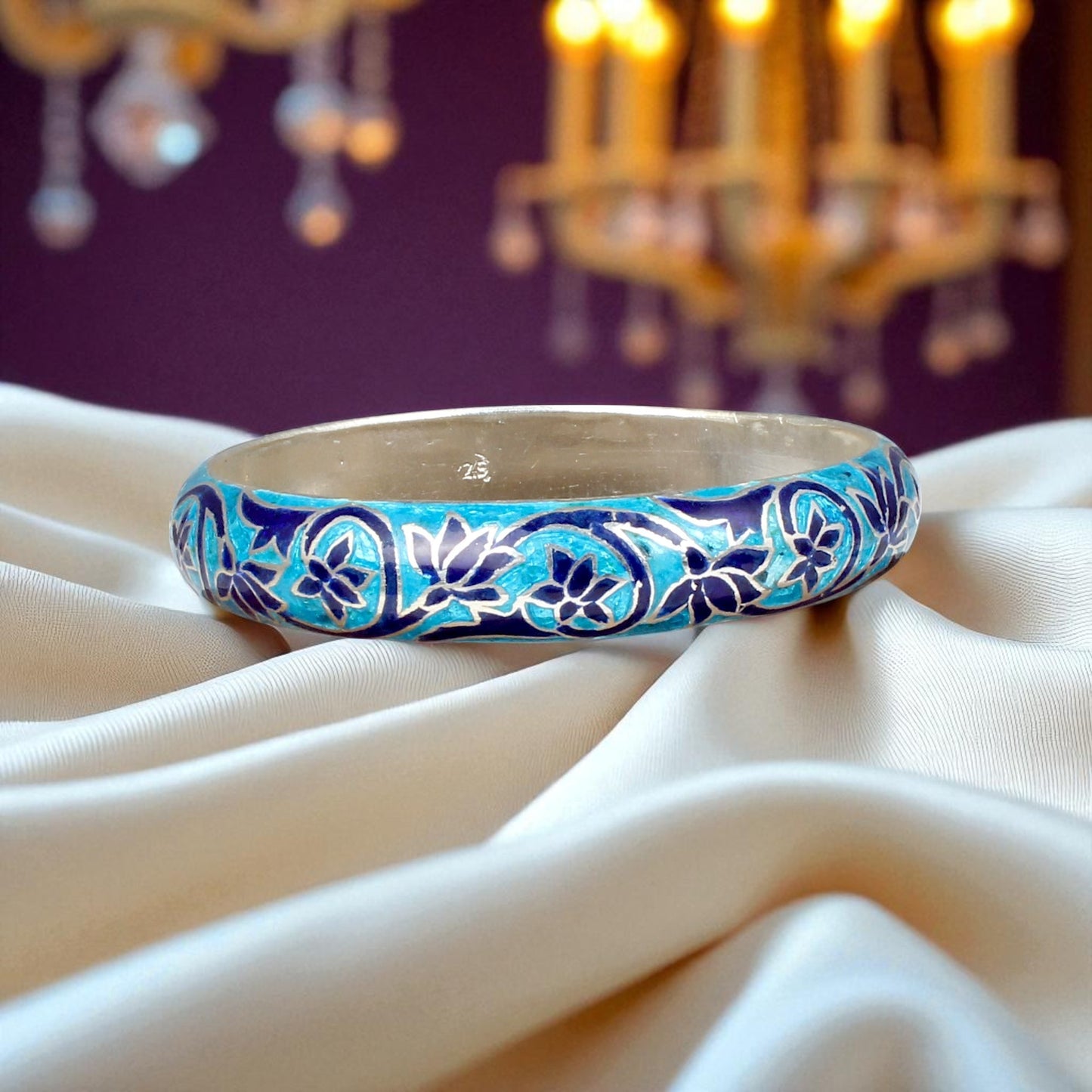 Leaf Floral Bangle Enamel Meenakari Work Handmade 925 Sterling Silver Flower Pattern Bangle