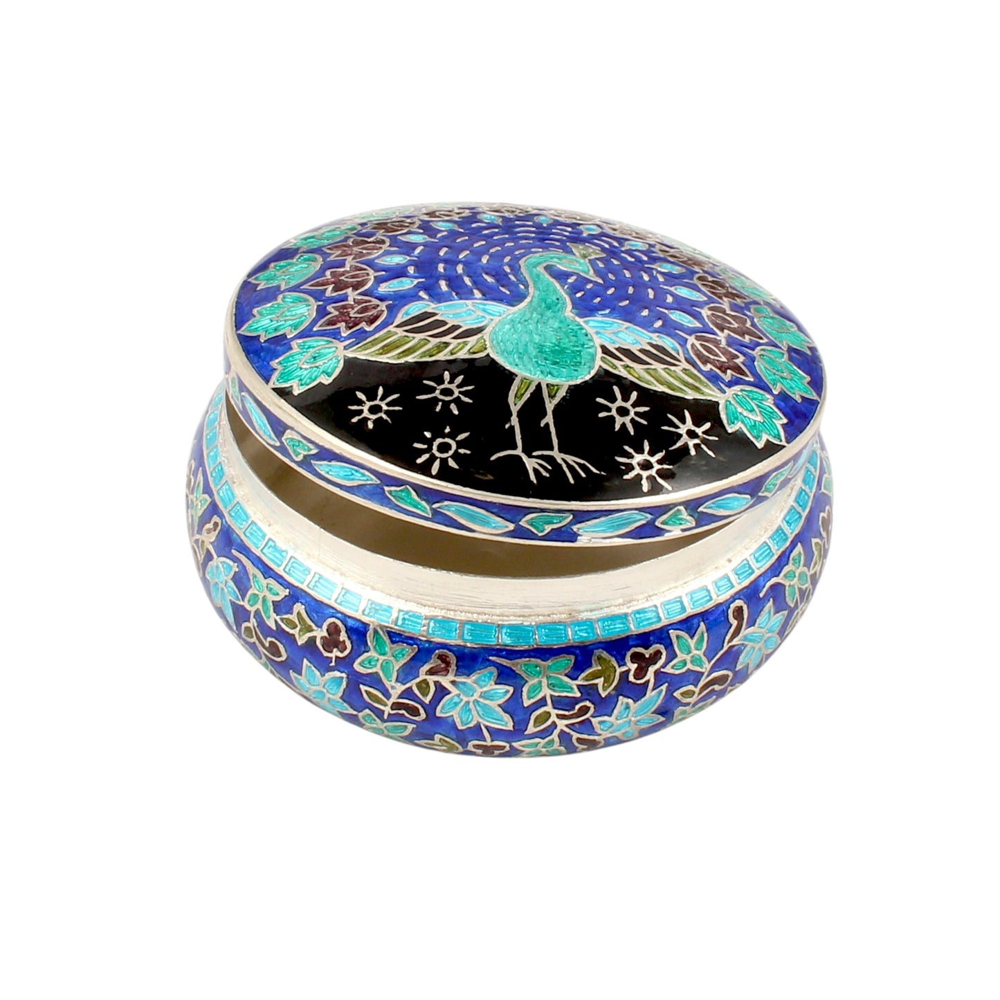 Beautiful Peacock Enamel Meenakari Work Box 925 Sterling Silver Enamelled Jewelry