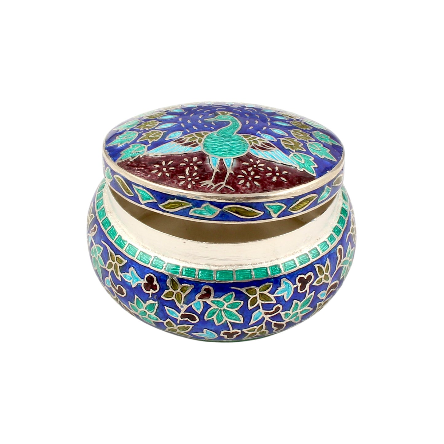 Beautiful Peacock Meenakari Work Box 925 Sterling Silver Enamelled Jewelry Store Box