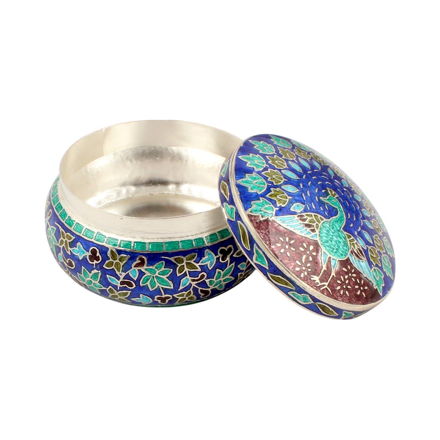 Beautiful Peacock Meenakari Work Box 925 Sterling Silver Enamelled Jewelry Store Box