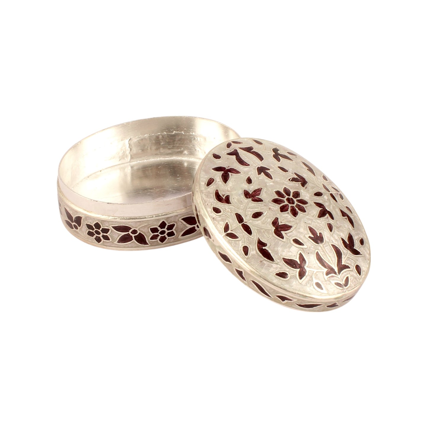 925 Sterling Silver Meenakari Work Floral Design Trinket Box Container Sindoor Box
