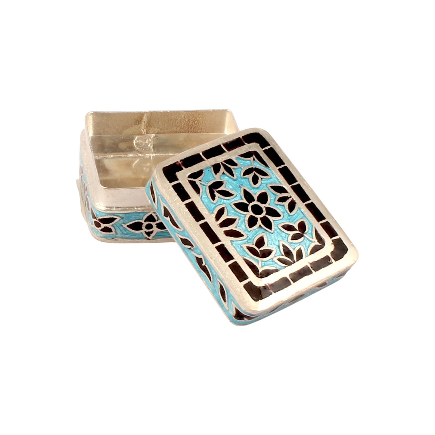 925 Sterling Silver Meenakari Work Floral Design Trinket Box Container Sindoor Box