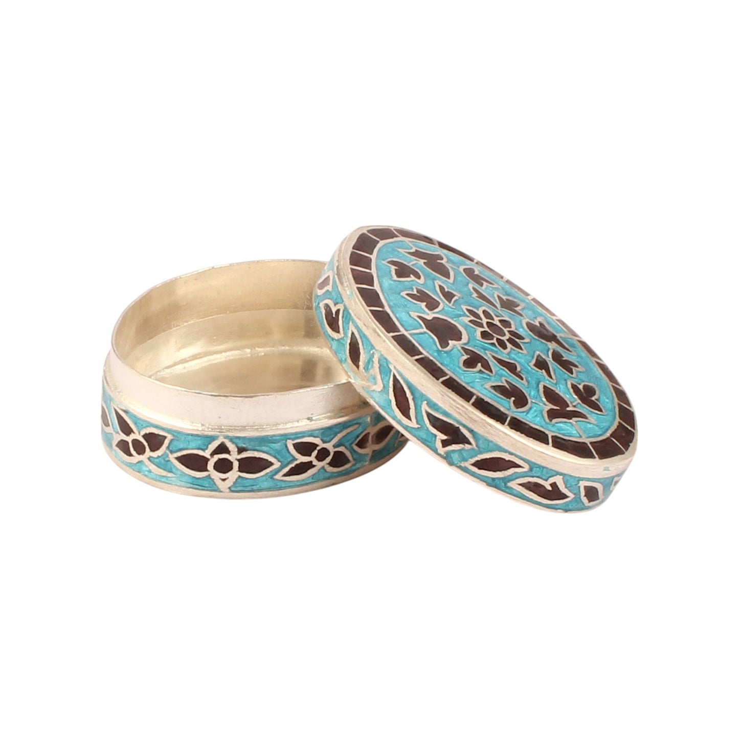Meenakari Work Floral Design Trinket Box Container Handmade 925 Sterling Silver Sindoor Box