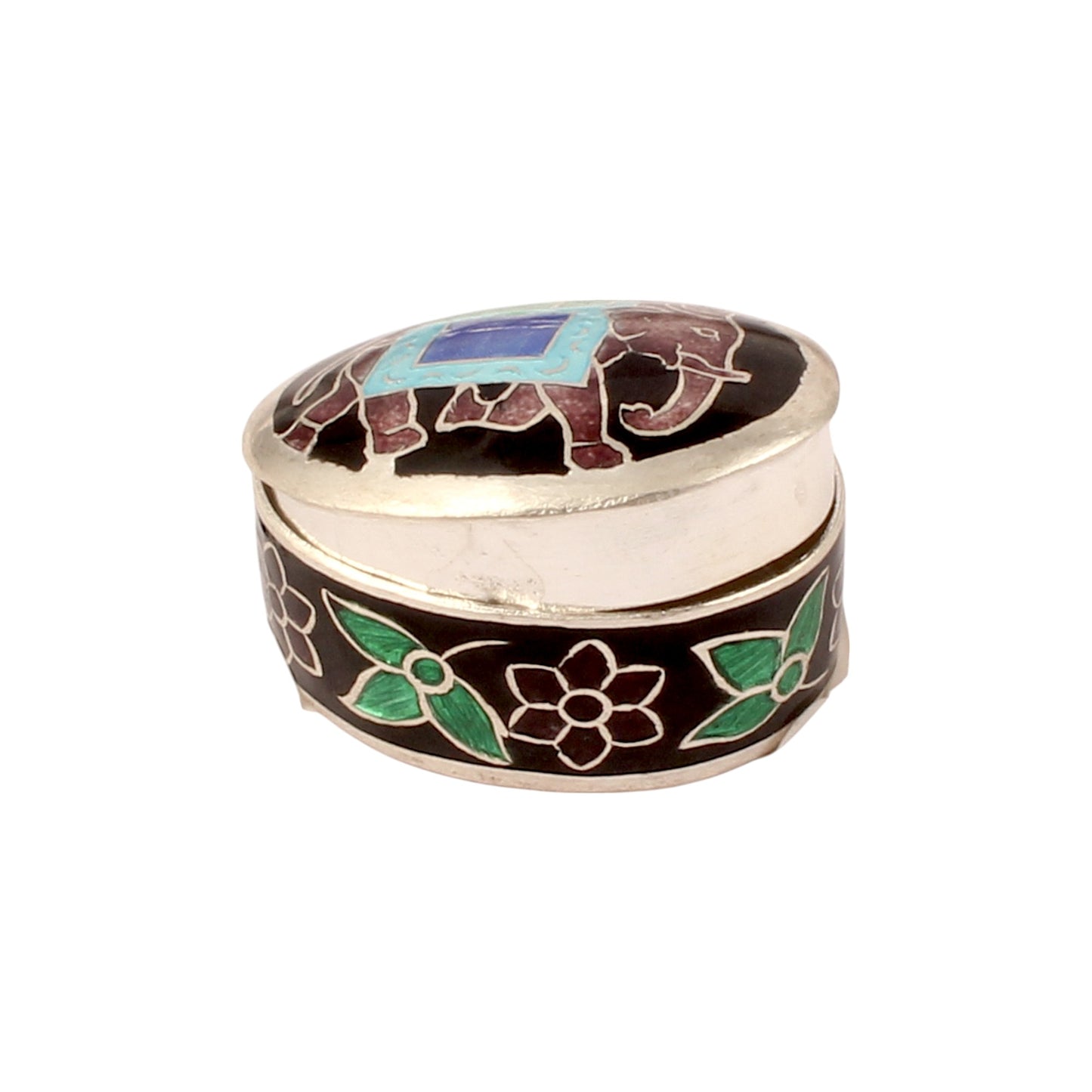 925 Sterling Silver Enamel Trinket Box Indian Elephant Pill Box