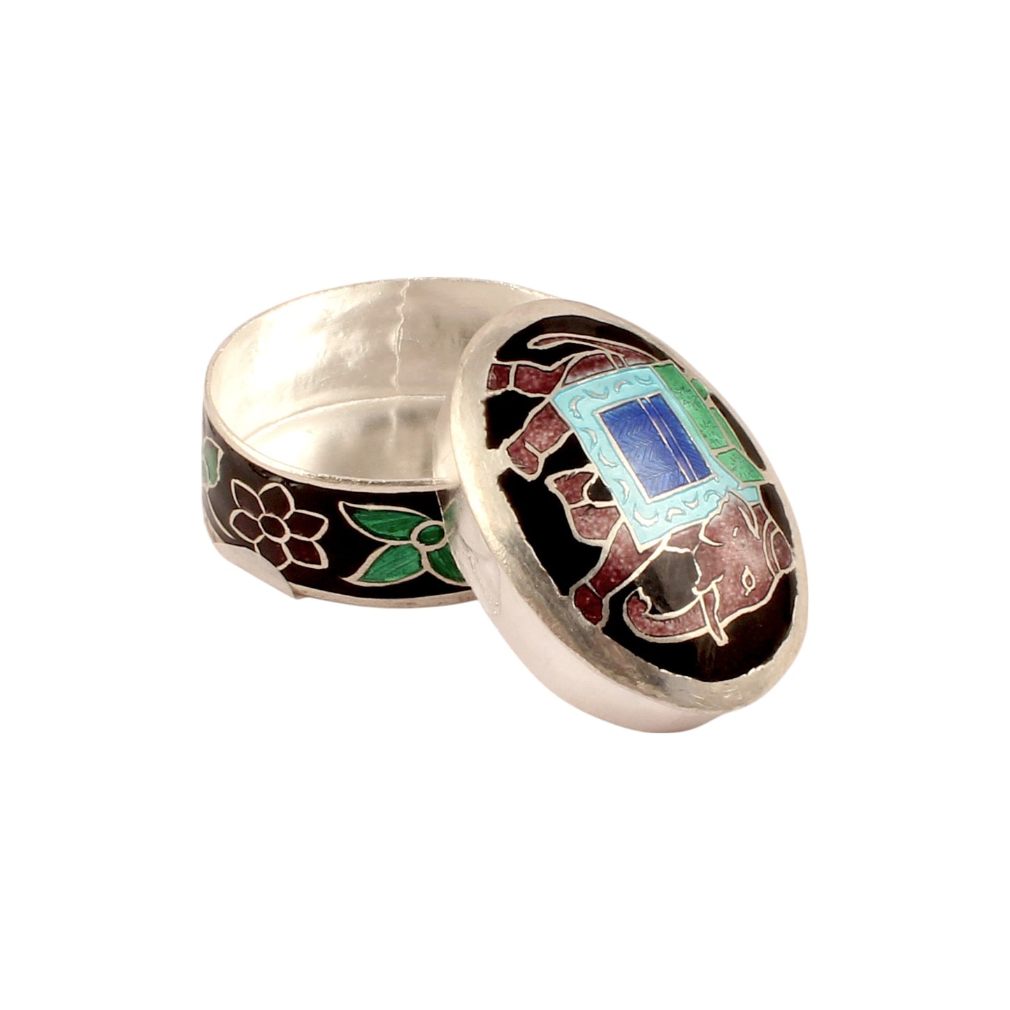 925 Sterling Silver Enamel Trinket Box Indian Elephant Pill Box