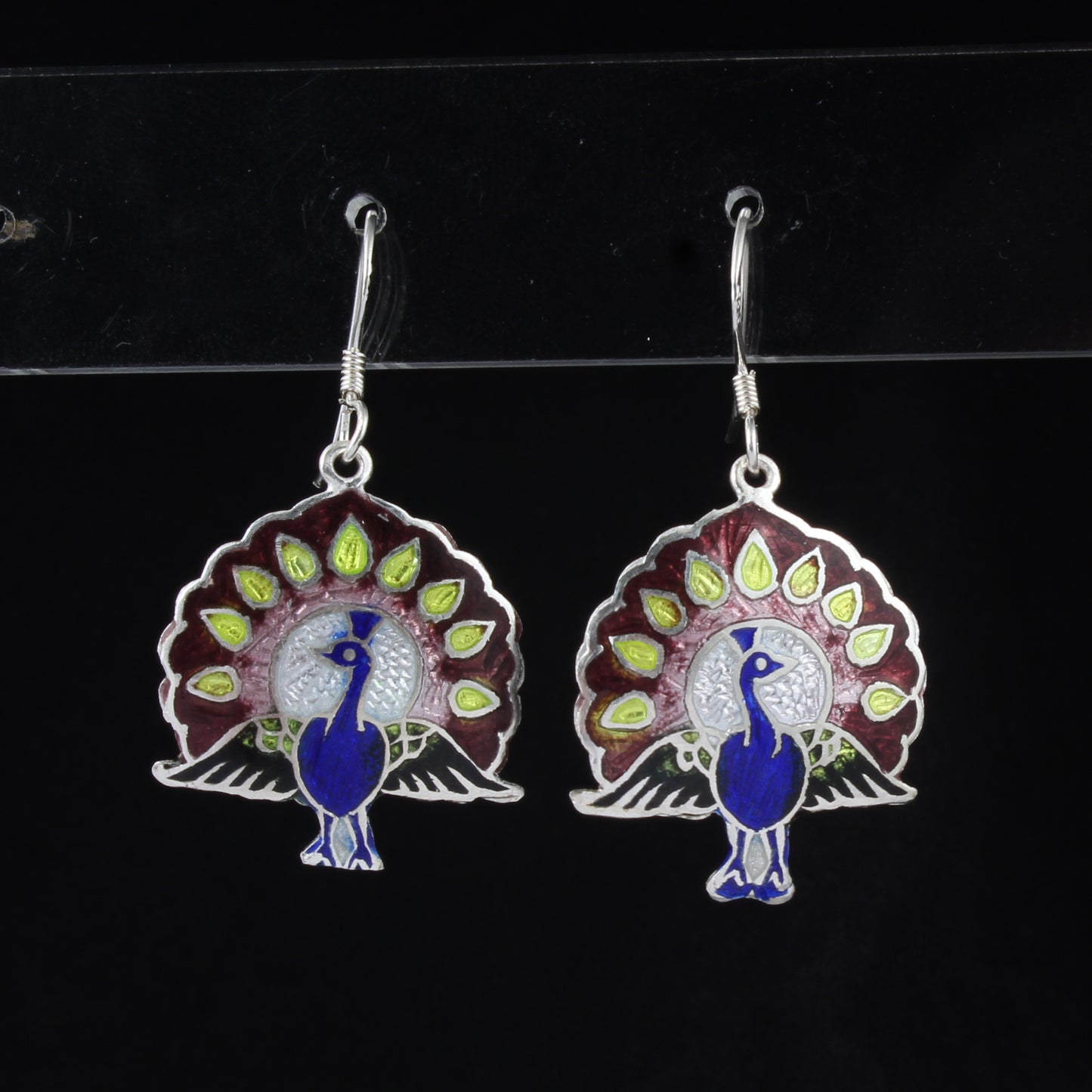Peacock Enamel Silver Earrings Solid 925 Sterling Silver Dangle Earrings Ear Wire Colorful Enamel Earrings