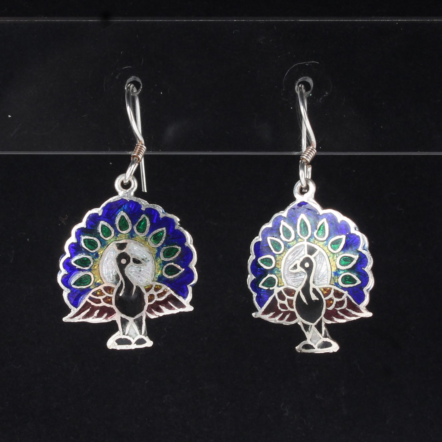 Designer Peacock Enamel Silver Earrings Solid 925 Sterling Silver Dangle Earrings Ear Wire Colorful Enamel Earrings