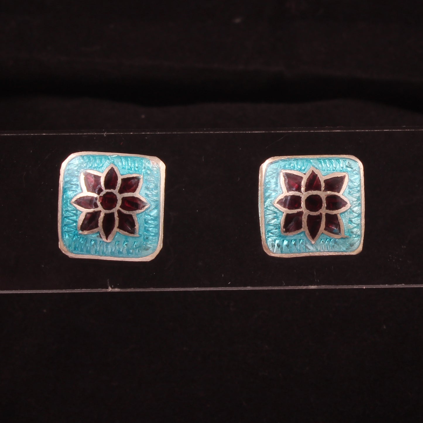 Floral Meenakari Silver Stud Earrings Solid 925 Sterling Silver Earrings Ear Wire Colorful Enamel Earrings