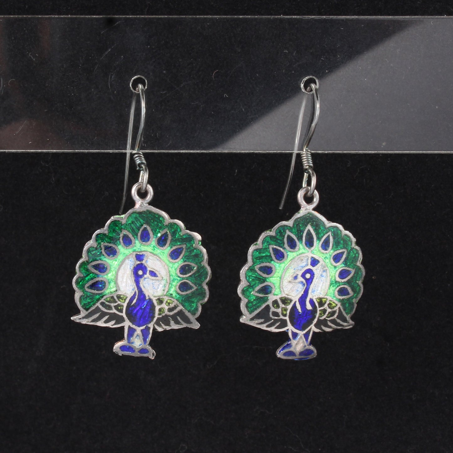 Peacock Enamel Silver Earrings Solid 925 Sterling Silver Dangle Earrings Ear Wire Colorful Enamel Earrings