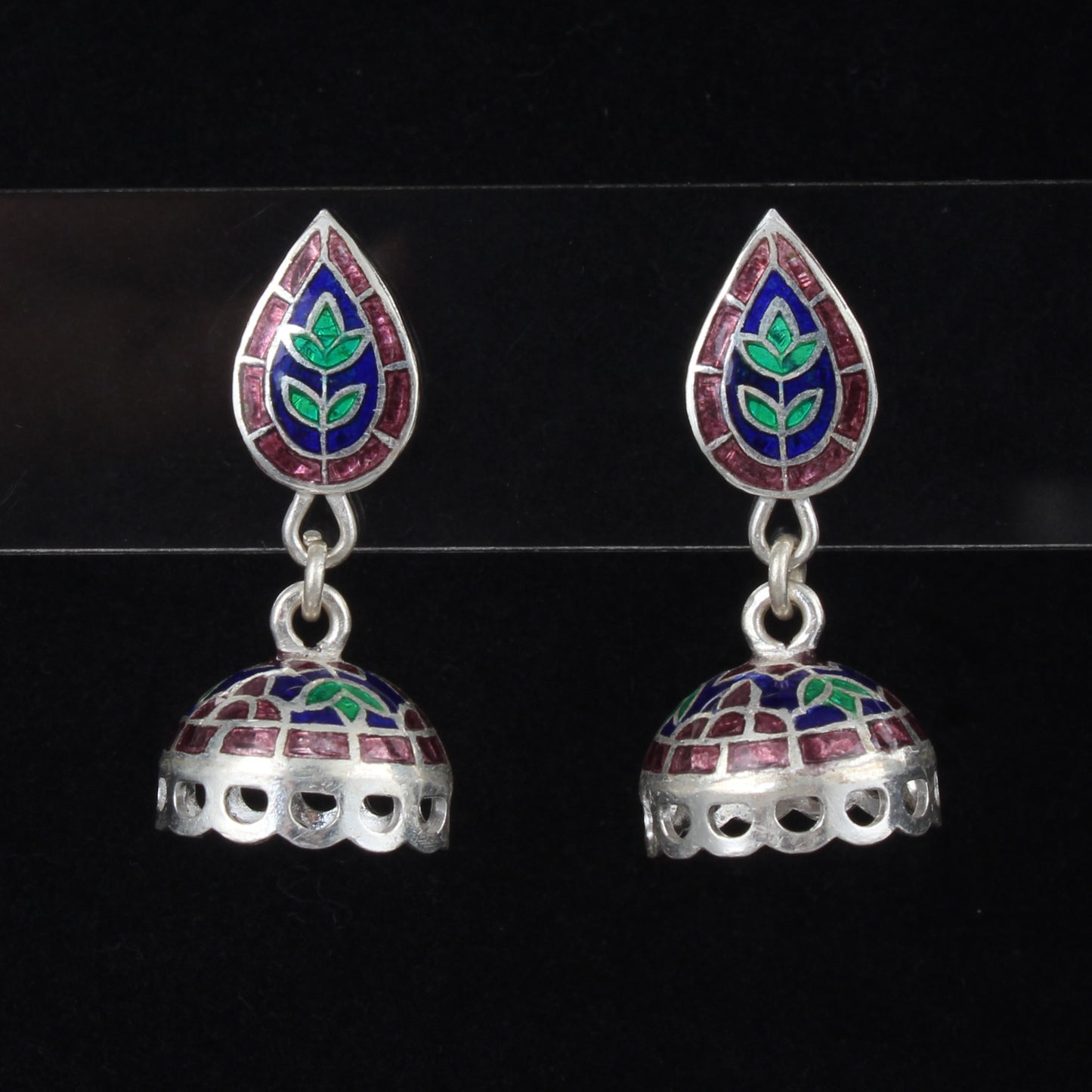 Traditional Jhumka Dangle Earrings Handmade 925 Sterling Silver Enamel Meenakari Earrings Jewelry
