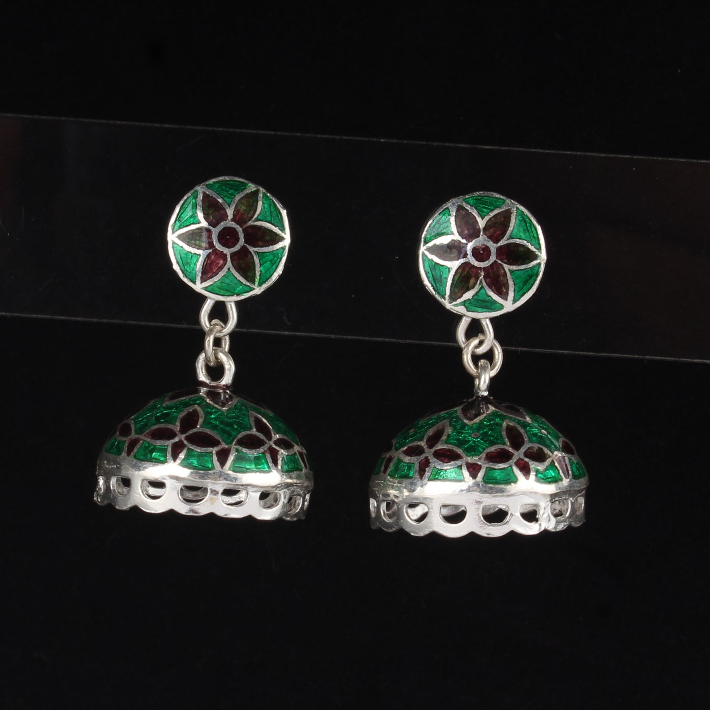 Ethnic Wear Jhumka Dangle Earrings Handmade 925 Sterling Silver Meenakari Enamelled Earrings