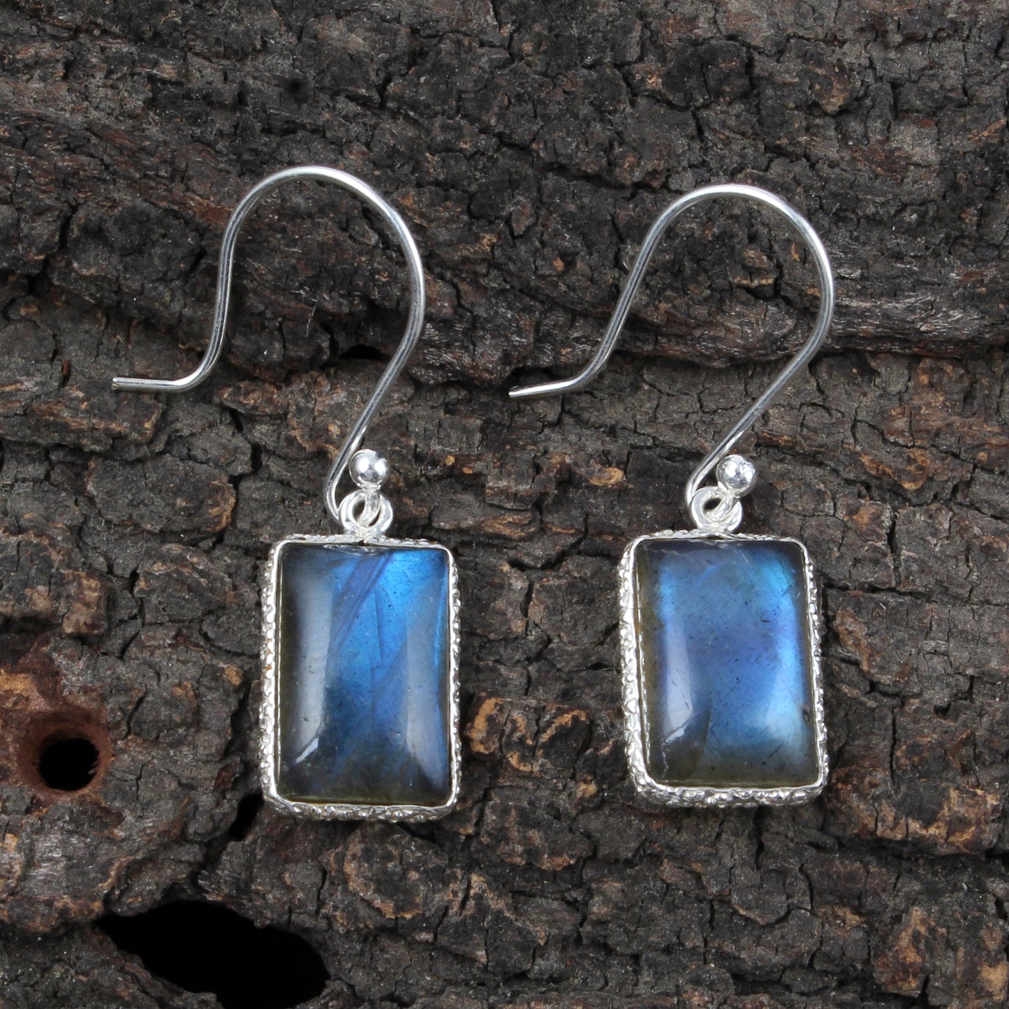 Dangle Labradorite Earrings Textured Bezel 925 Sterling Silver Natural Gemstone Earrings Jewelry