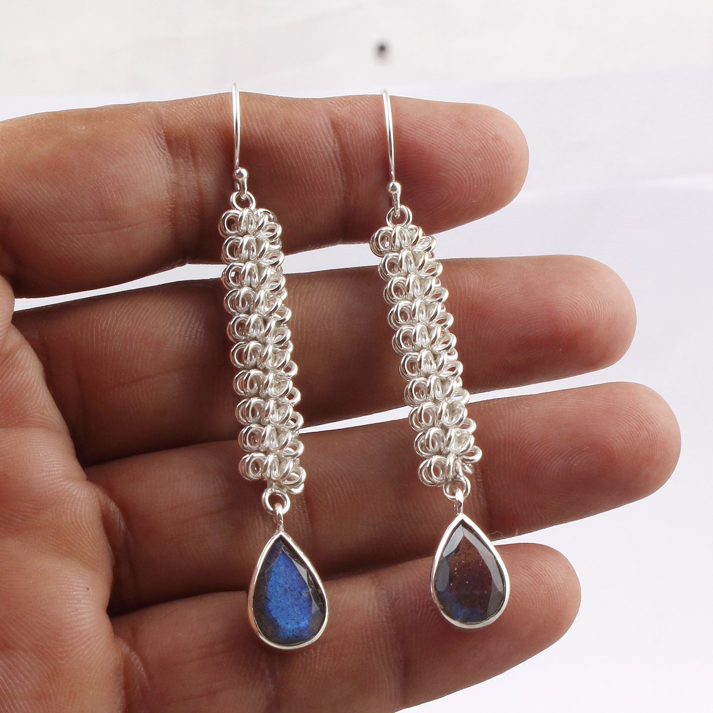 Designer Chainmaille Weave Earrings Handmade Natural Faceted Labradorite Gemstone Earrings