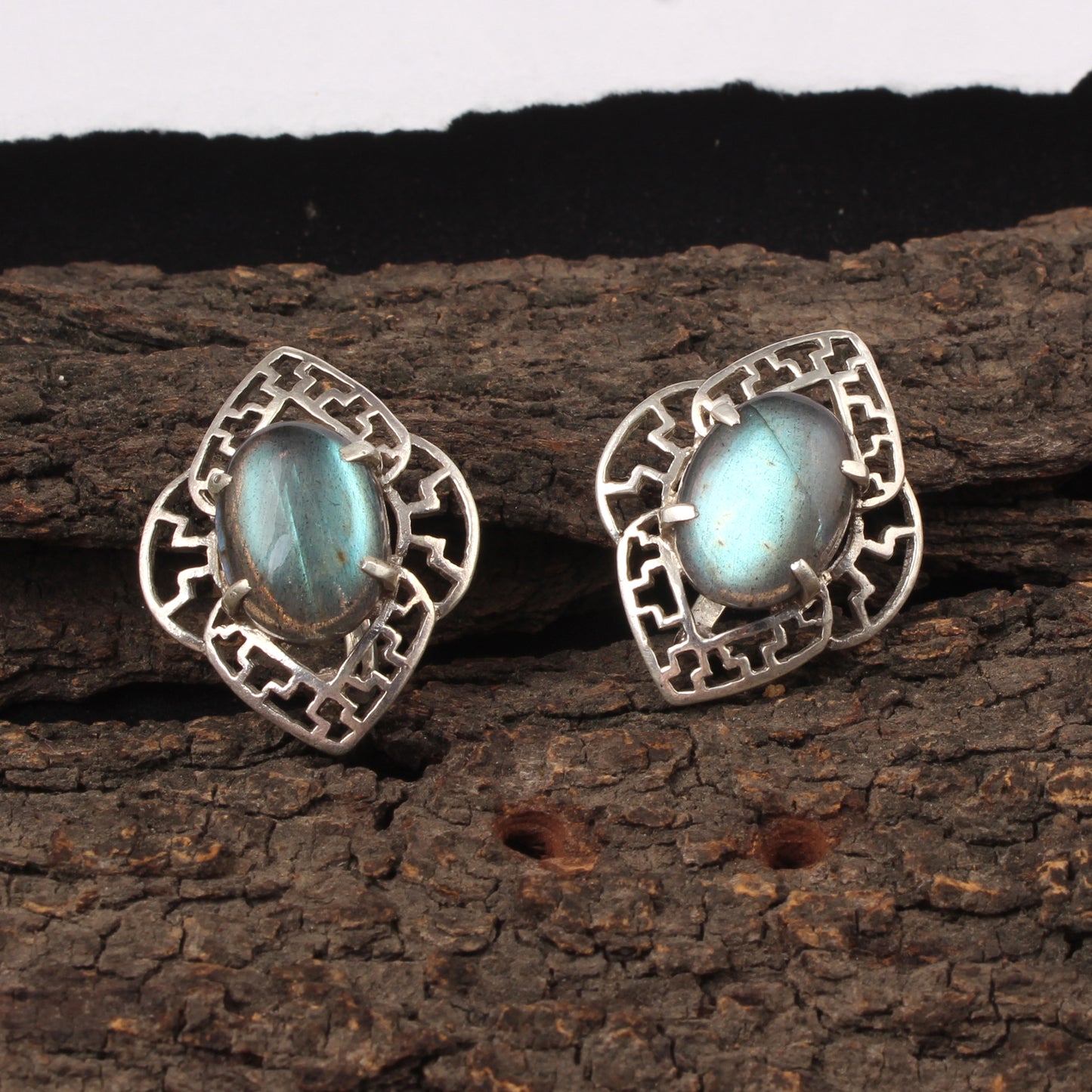 Labradorite Openwork Earrings with Russian Lock Handmade 925 Sterling Silver Earrings Prong Setting Earrings