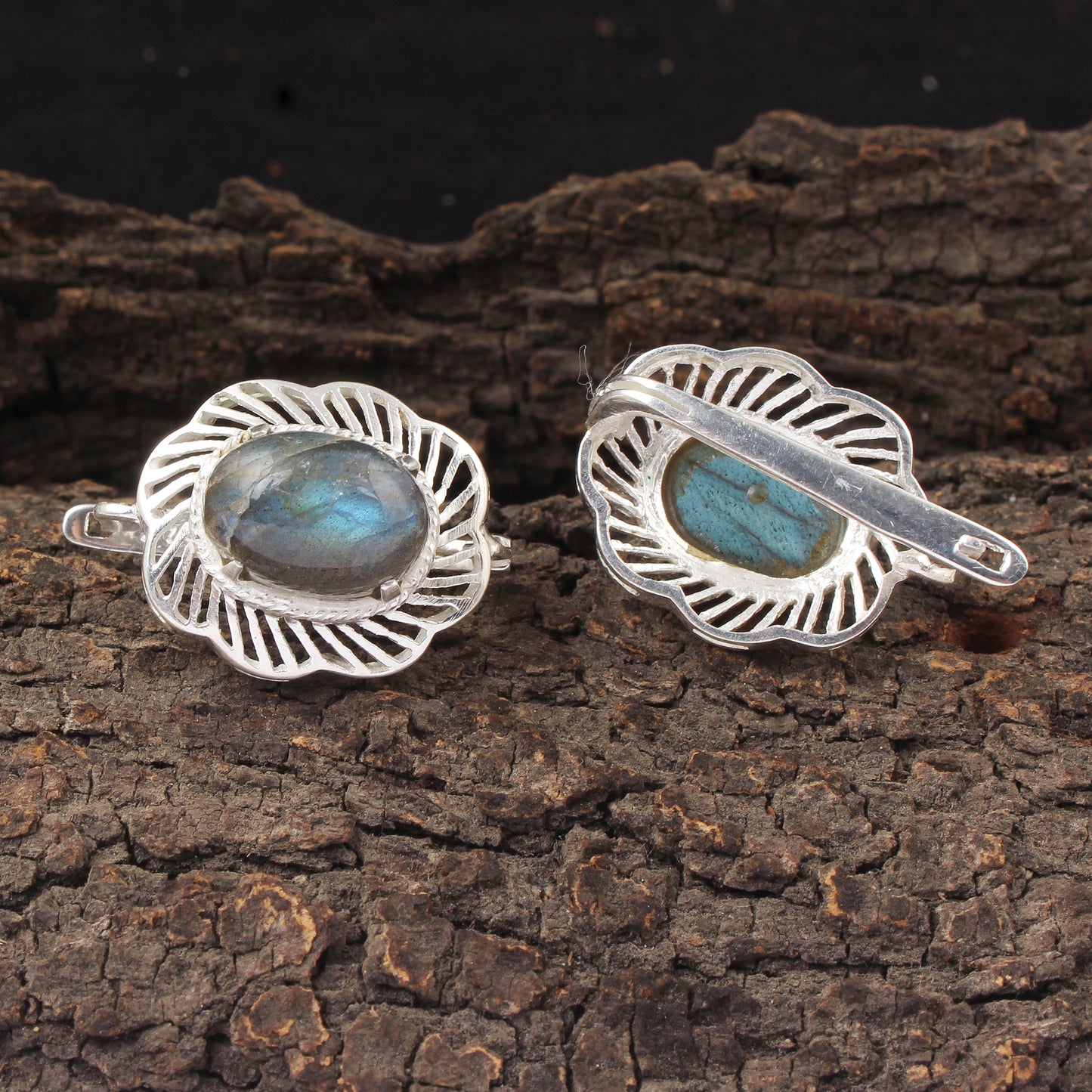 Labradorite Earrings with Russian Lock Handmade 925 Sterling Silver Earrings Openwork Prong Setting Earring
