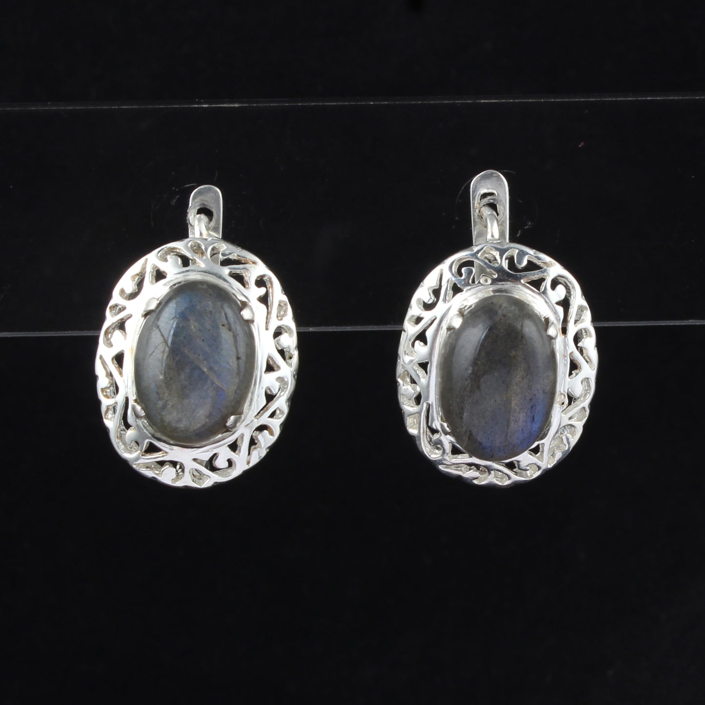 Natural Labradorite Openwork Earrings with Russian Lock Handmade 925 Sterling Silver Earrings Prong Setting Earrings