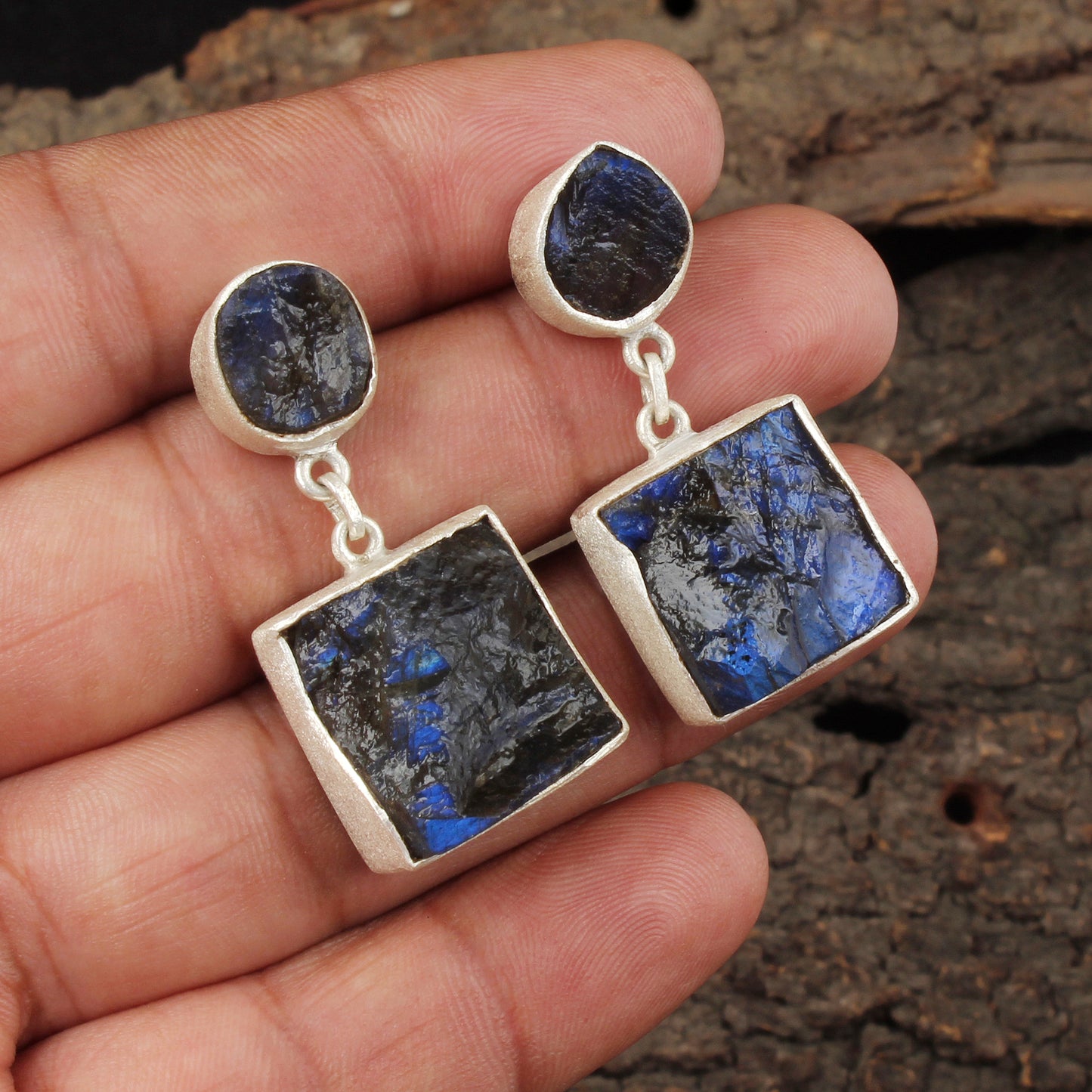 Rough Labradorite Earrings Handmade Matte Finish 925 Sterling Silver Earrings Natural Raw Stone Jewelry