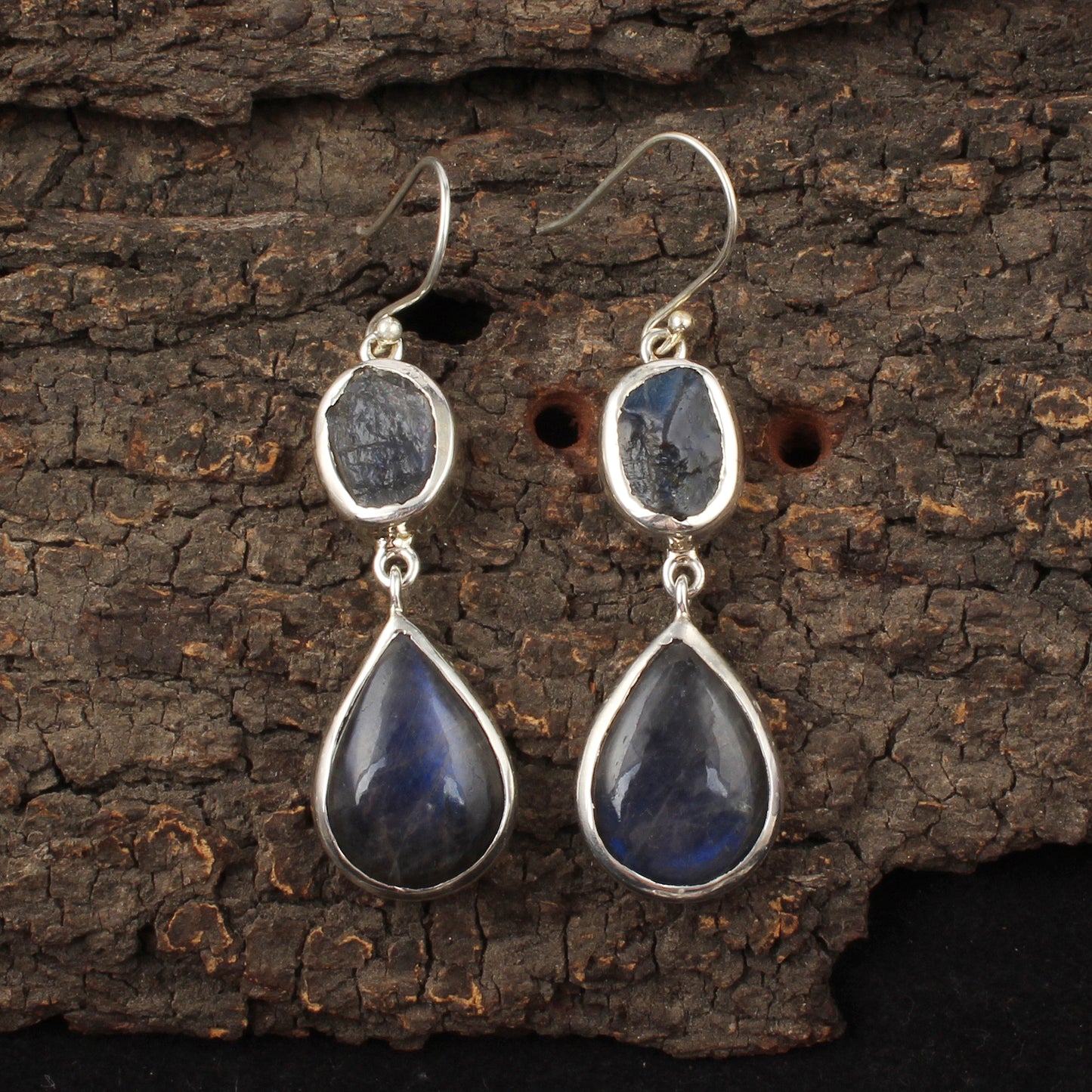 Natural Labradorite Earrings with 925 Sterling Silver Handmade Cab & Rough Stone Earrings Jewelry