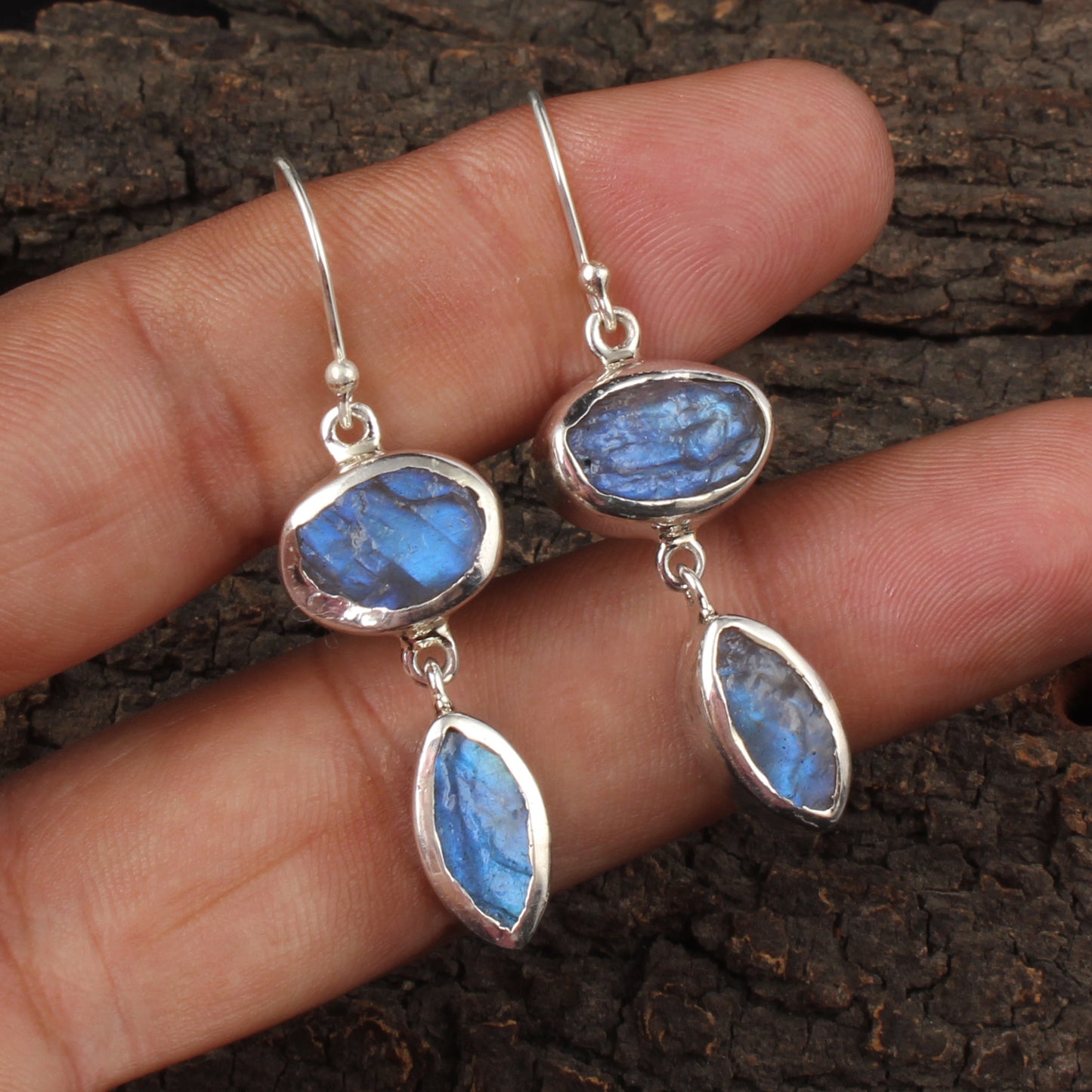 Labradorite Earrings 925 Sterling Silver Natural Rough Crystal Earrings Handmade Dangle Drops Jewelry