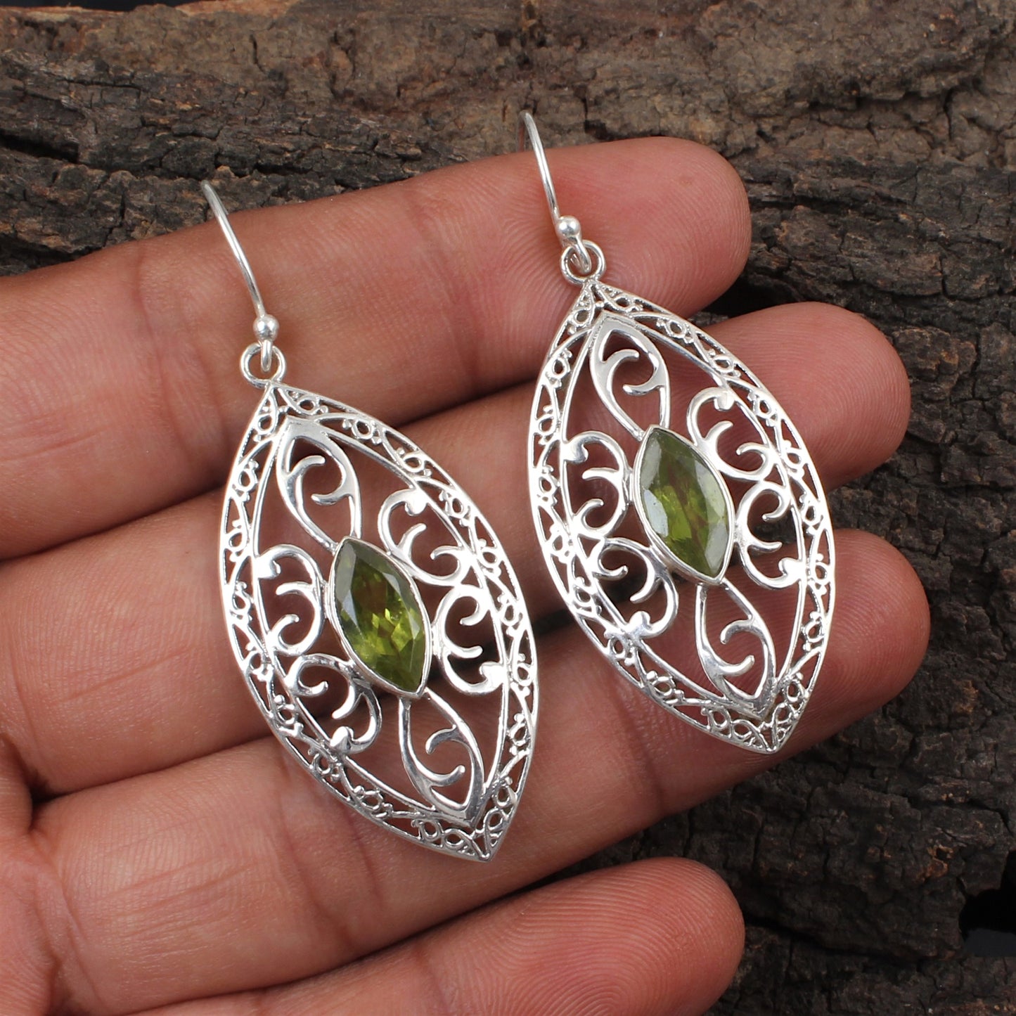 Bohemian Marquise Peridot Earrings with 925 Sterling Silver Handmade Designer Dangle Gemstone Earrings