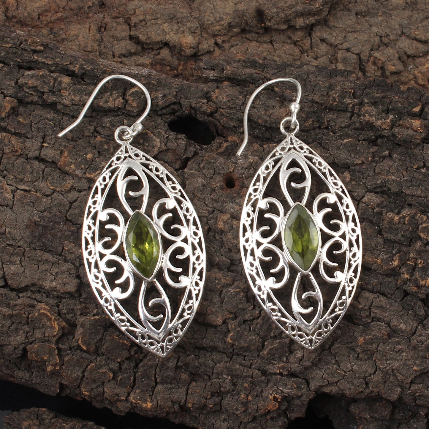 Bohemian Marquise Peridot Earrings with 925 Sterling Silver Handmade Designer Dangle Gemstone Earrings