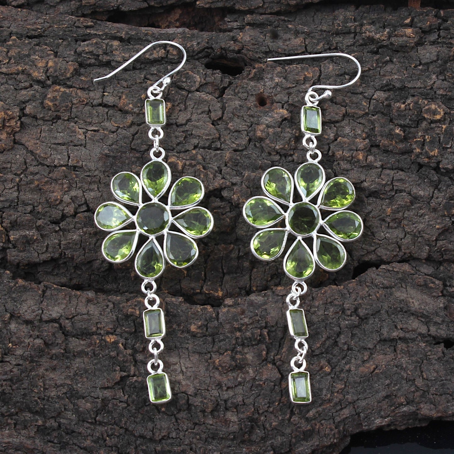 Long Dangle Peridot Earrings 925 Sterling Silver Handmade Bezel Set August Birthstone Earrings