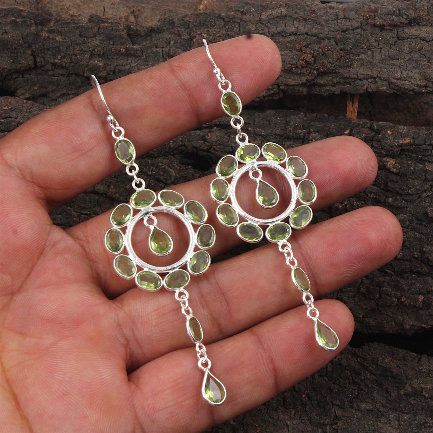 Long Dangle Natural Peridot Earrings 925 Sterling Silver Handmade Bezel Set August Birthstone Earrings