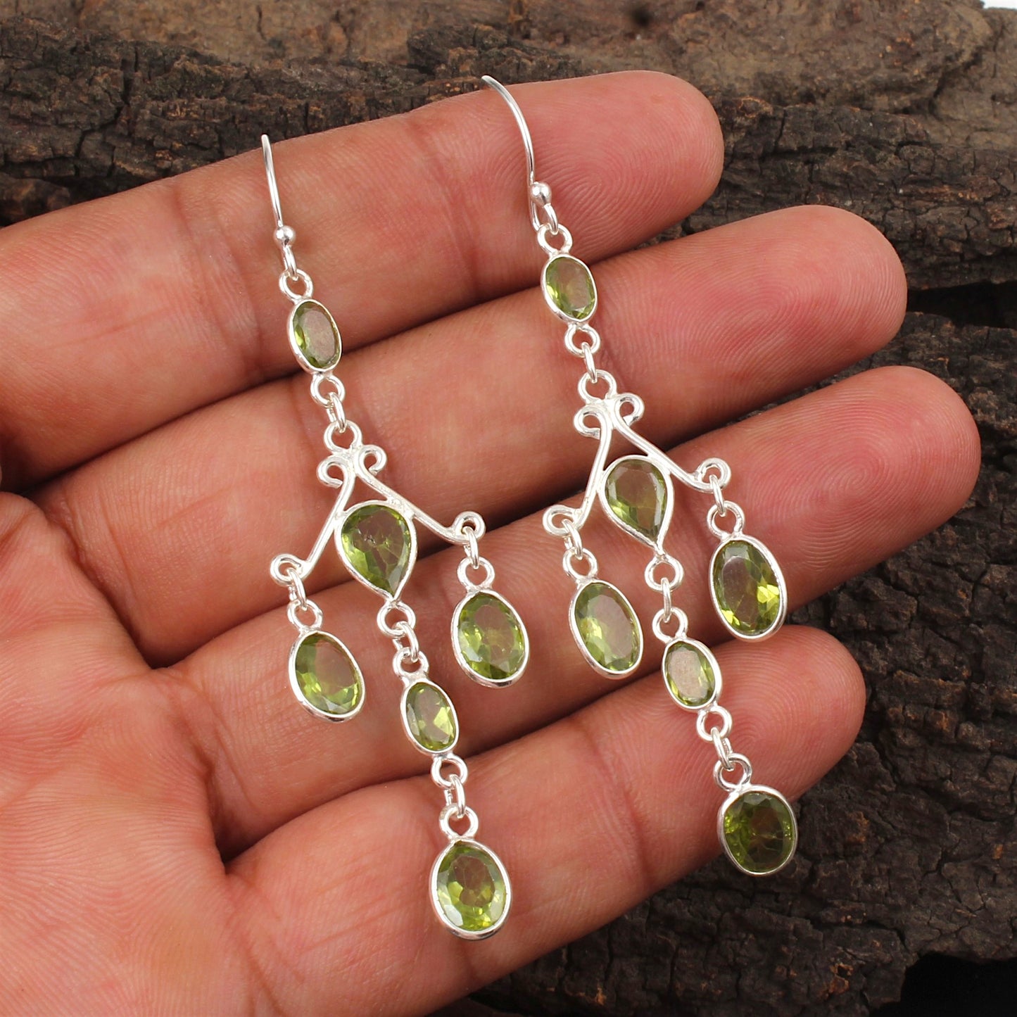 Long Peridot Earrings 925 Sterling Silver Handmade Bezel Set August Birthstone Earrings Gift For Her