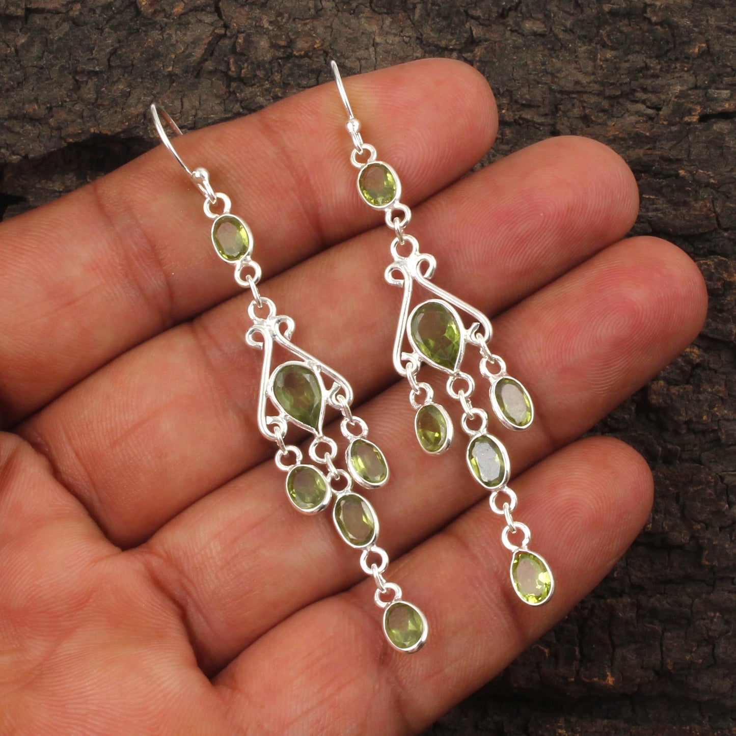 Long Dangle Green Peridot Earrings 925 Sterling Silver Handmade Faceted Gemstone Earrings