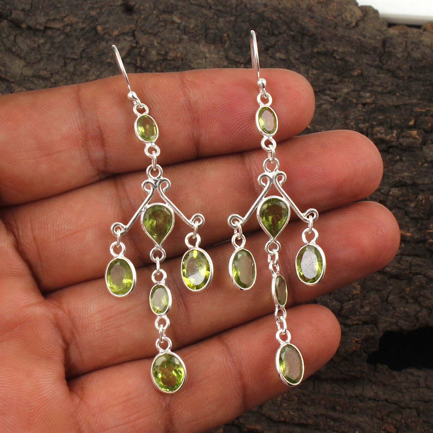 Long Danglers Peridot Earrings Handmade 925 Sterling Silver Jewelry August Birthstone Earrings
